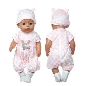 Pink plush doll outfit set with bunny motif for 18-inch dolls including hat and socks