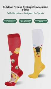 Detail of high-elastic compression sports socks with cartoon mushroom and figure patterns