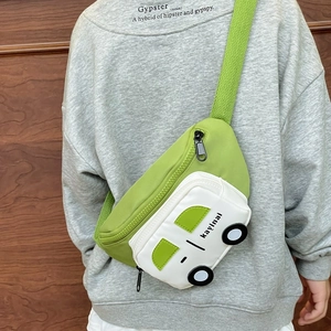 Cute car-shaped kids chest bag in green and white color contrast with adjustable strap