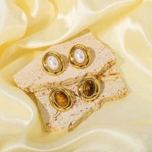 Vintage gold oval earrings with white pearl and brown tiger eye on stone and silk