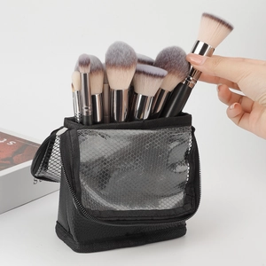 Vertical Makeup Brush Bag Standing Travel Portable Cosmetic Organizer PU Leather Mesh Breathable Zipper Storage Case