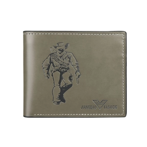 Army green men's horizontal bifold wallet in leather with cowboy embossed graphic