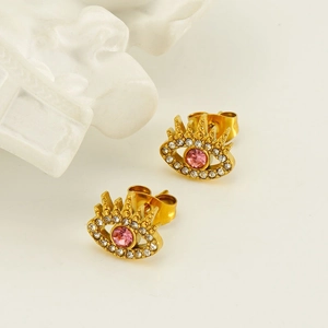 Golden evil eye stud earrings with pink zircon stone and small micro-paved crystals