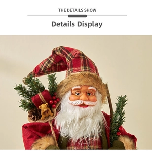 Close-up of Santa Claus doll with red plaid hat, golden glasses, and gift bag decoration