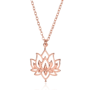 Close-up of minimalist rose gold hollow lotus pendant with delicate chain detailing
