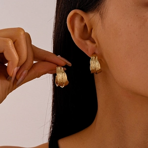 Copper Wrinkled C Hoop Earrings With Silver Earring Post Minimalist Double Texture Metallic Chic Jewelry For Women
