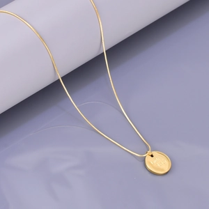 Minimalist gold stainless steel snake chain necklace with Luck 4ever engraved pendant