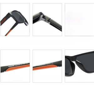 Detailed views of KD530 sports sunglasses with polarized UV400 lenses and metal hinges