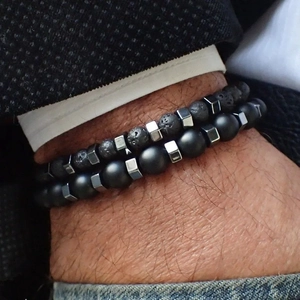 Handmade Natural Lava Rock Tiger Eye Stone Beads Charm Bracelet Set Fashion Geometric Jewelry For Men Women Daily Gift