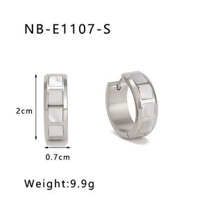 Detail of silver stainless steel hoop earrings with square white stone inlays and dimensions