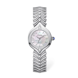 Silver-tone women's watch with mother-of-pearl dial and fishbone wave metal strap