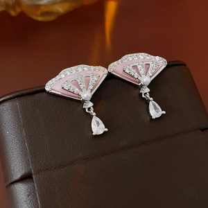 Fan Shaped Drop Earrings Pink Zircon Imitation Artificial Pearl With 925 Sterling Silver Earring Post Retro Elegant Luxury Women
