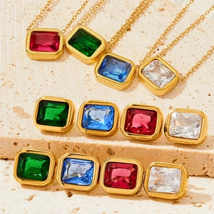 Gold stainless steel jewelry set with rectangular gems in red, green, blue and white
