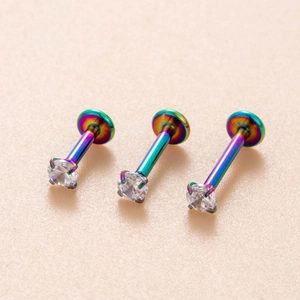 Piercing labret arcobaleno in acciaio inox con zircone e base piatta per la cartilagine