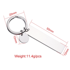 Polished stainless steel keychain with rectangle and round tags with size dimensions