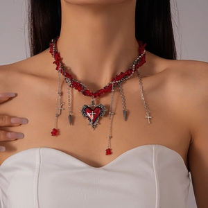 Gothic red beaded necklace with heart cross pendant and silver tassels for women