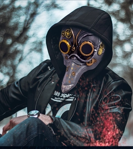 Steampunk plague doctor mask with gold gears and leather texture in a forest setting