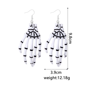 Detailed dimensions of white skeleton hand earrings showing 9.8cm length and 3.9cm width