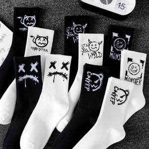 Street Style Mid Calf Crew Socks Polyester Cotton Blend Graffiti Monster Devil Face Unisex Basketball Sports Socks