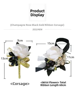 Détail de la boutonnière rose champagne et du corsage de poignet avec dentelle noire