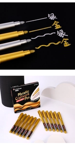 Detail of metallic gold and silver markers writing on black paper with retail packaging