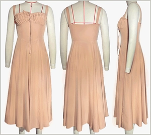 Front and back views of pink sleeveless sundress with drawstring chest and side slit