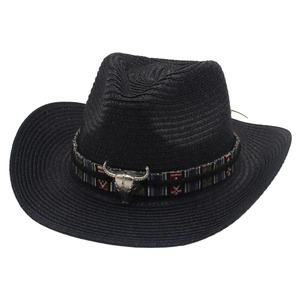 Western Cowboy Straw Hat With Bull Skull Metal Decor And Ethnic Band Wide Brim Sun Hat For Travel Beach