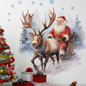 Detailed wall sticker view of Santa in a reindeer sleigh on a snowy blue forest background