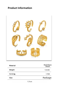 Detailed specs for an 8-piece gold-plated stainless steel ring set with size info