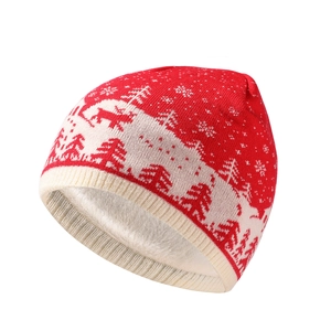 Kids Christmas Knitted Beanie Hat Reindeer Snowflake Pattern Fleece Lined Warm Winter Thickened Skull Cap For Children