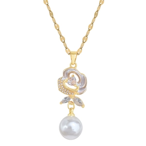 Elegant gold titanium necklace with rose pendant, zircon accents and white pearl drop