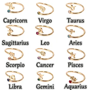 Set of 12 zodiac gold plated rings with colorful birthstones and adjustable open band