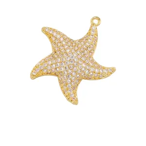 Sparkling gold-plated brass starfish pendant with cubic zirconia for DIY jewelry making