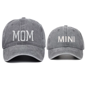 Matching MAMA MINI embroidered baseball caps for mother and child in washed dark grey