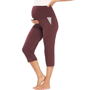 High-waisted maternity leggings in wine red with side pockets for casual home comfort