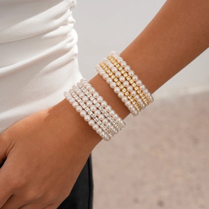 Vintage multi-layer pearl and rhinestone bracelet set for women in gold and silver finish