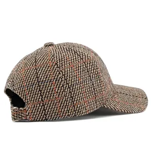 Tweed plaid baseball cap in autumn brown with adjustable silver metal buckle