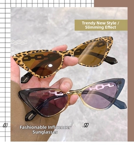 Detail of cat-eye sunglasses with leopard print and gradient frames featuring chain lens patterns