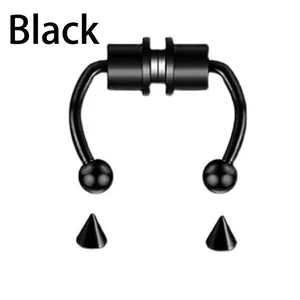 Black magnetic non-piercing horseshoe nose ring with interchangeable ball and spike studs
