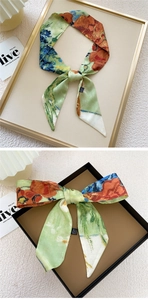 Impressionist floral skinny scarf in green silk satin with artistic painting print detail