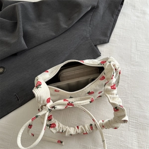 Beige corduroy shoulder bag with strawberry print and ruched handle for women
