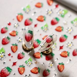 Autocollants Ongles Embossés Fraise Dessin Animé Fruit Fleur Marguerite Auto Adhésif Doré Décoration Manucure Femmes