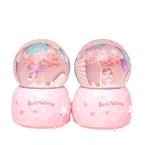 Pink Sakura snow globe music box with angel figurines and Best Wishes base engraving