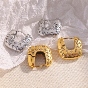 Square hoop earrings with star motif and crystals in gold and silver finish