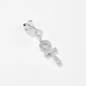 Detail of S925 sterling silver Ankh cross earring with sparkling cubic zirconia stones