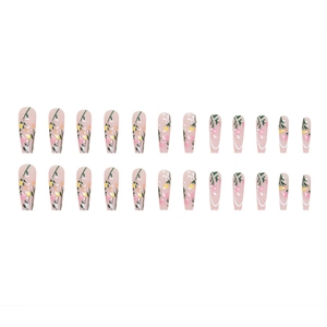 Faux ongles ballerine longs avec motifs tulipes et design de french manucure