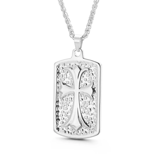 Silver square cross pendant necklace with hammered metal texture and chain for men