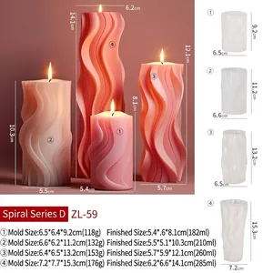 Detailed size specifications for spiral wave silicone candle molds and finished product