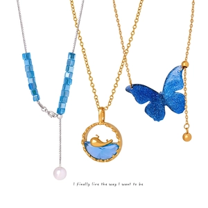 Blauer Anhänger Schmuck Halskette Ohrringe Titanstahl Koreanischer Ins Stil Minimalistischer Schmetterling Wal Vergoldet
