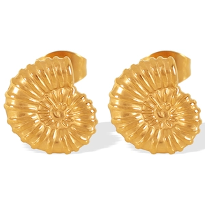 Golden titanium steel stud earrings featuring a spiral nautilus shell retro design